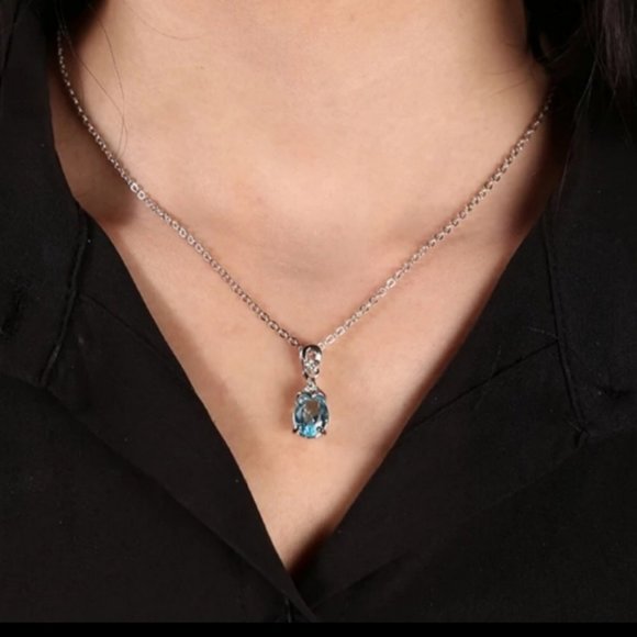 SILVER BLUE AQUAMARINE GEMSTONE WATERDROP NECKLACE - Picture 2 of 3